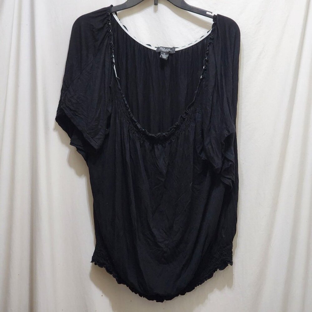 Rouge Collection Black Top Gathered Neck Smocked Waist Plus Size 2X Short Sleeve